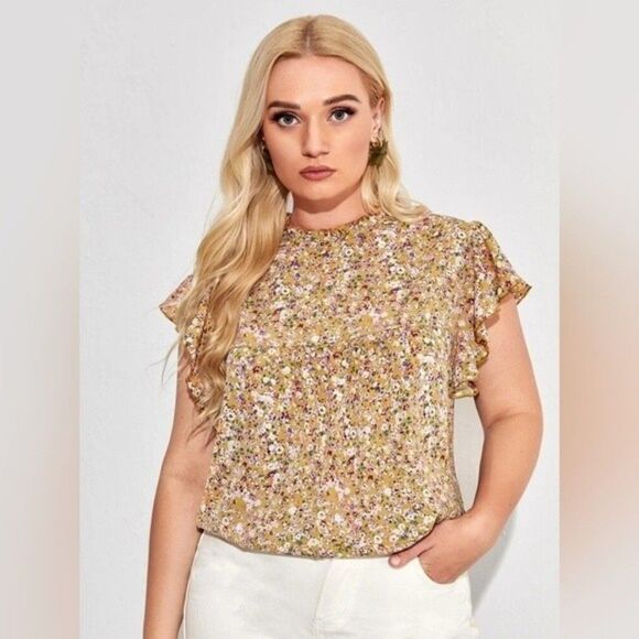 SHEIN Plus Frilled Neck Butterfly Sleeve Ditsy Floral Top Size 1X NWOT 8 0212 - Picture 1 of 8